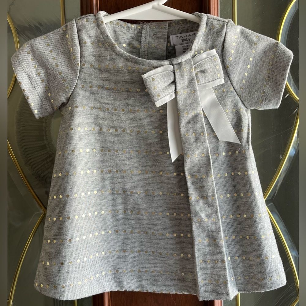 NWT Tahari Baby Fancy Bow & Polkadot Gray Dress Baby Girl Size 0-3M